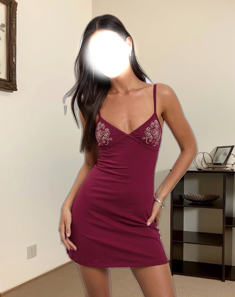 Dimaya Mini Dress in Burgundy with Floral Embroidery