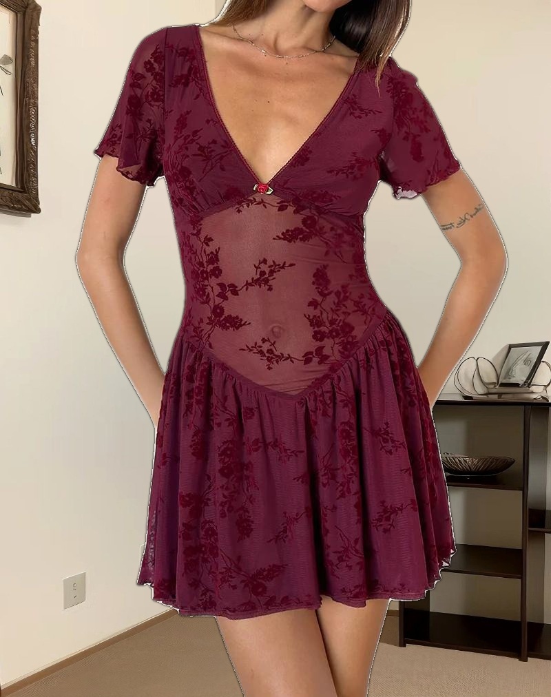 Geni Mini Dress in Botanical Flower Maroon