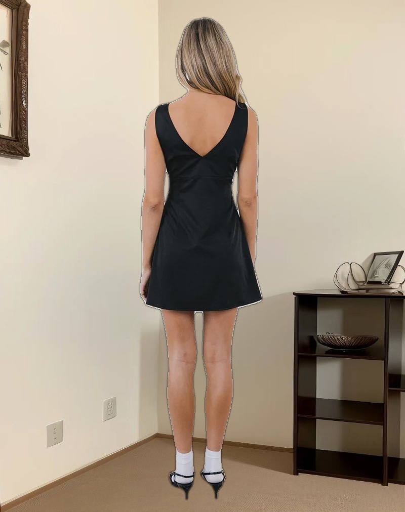 Faradiba Mini Dress in Satin Black with Ivory Bow
