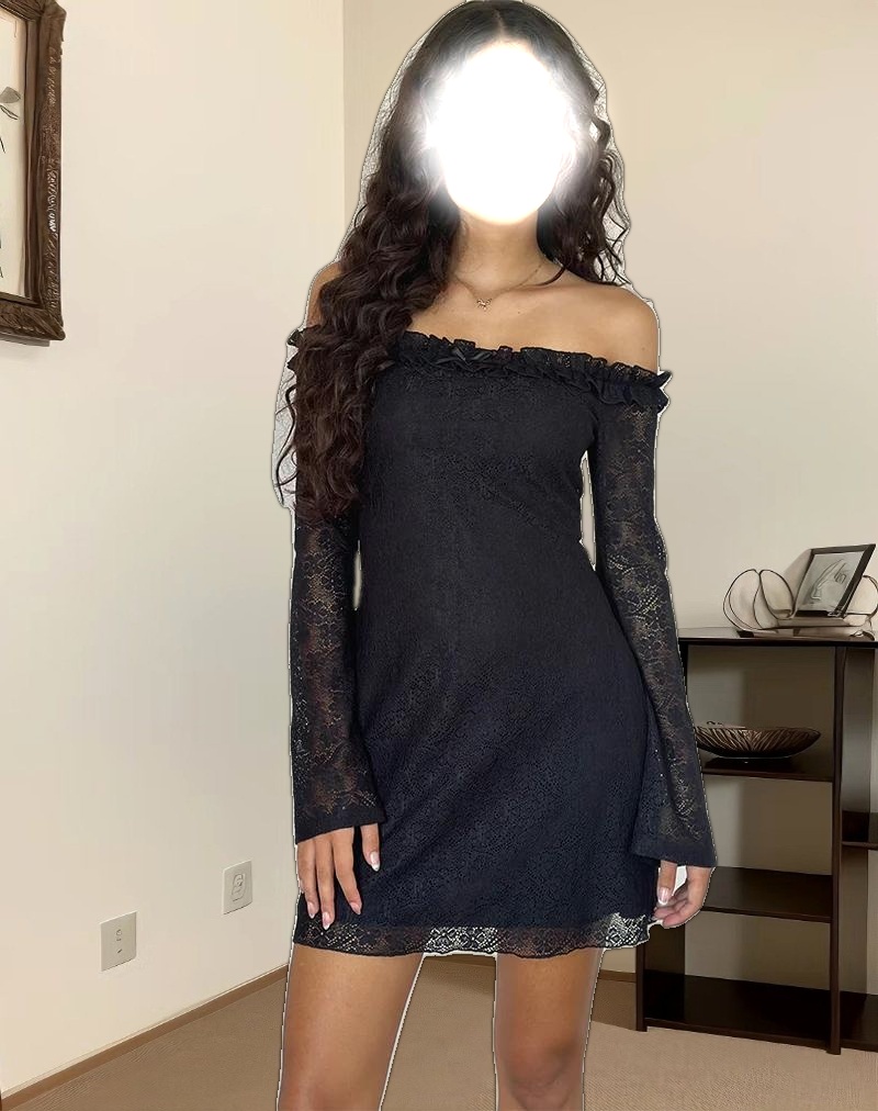 Severine Bardot Mini Dress Lace Black