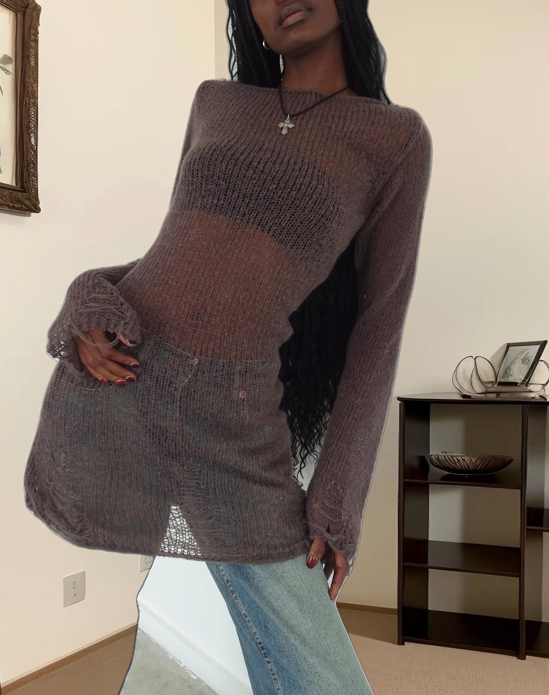 Harper Distressed Knitted Mini Dress in Maroon