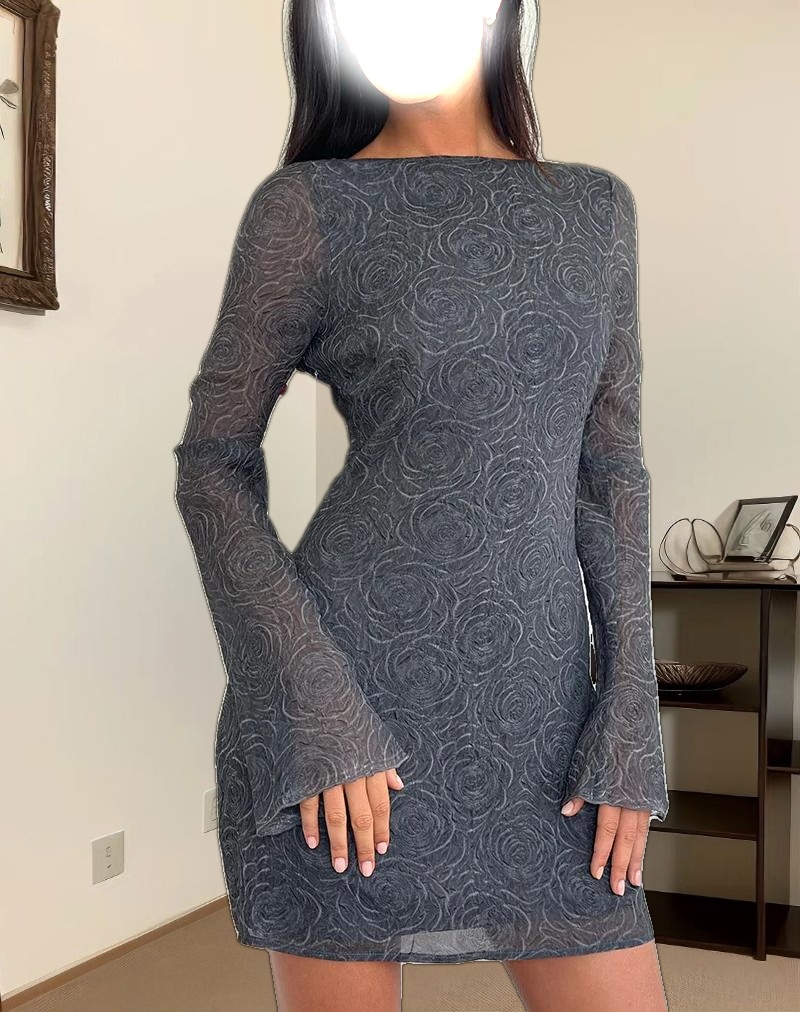 Sava Open Back Long Sleeve Mini Dress in Black Floral Chiffon