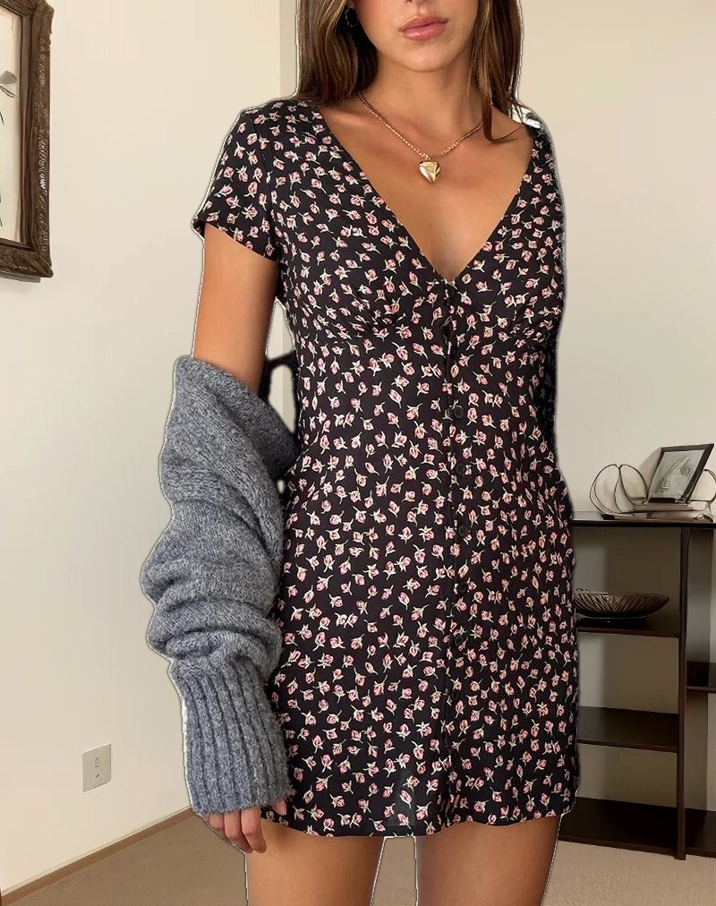 Omoni Mini Dress in Red Rose Ditsy Black