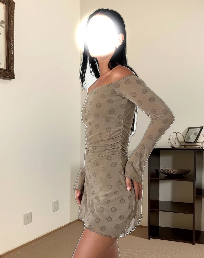 Kausar Off Shoulder Mini Dress in Daisy Flock Light Brown