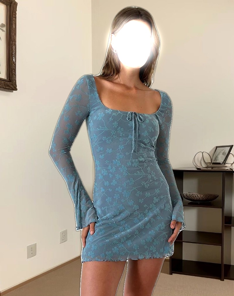 Tatyana Mini Dress in Grunge Floral Blue Grey