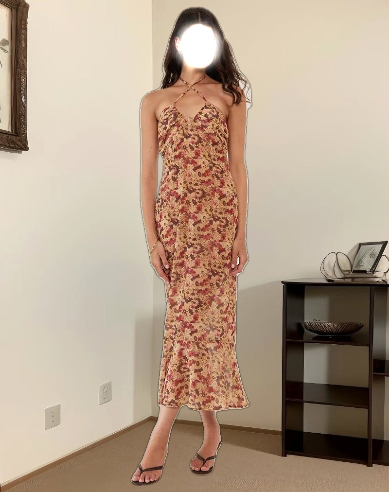 Alette Halterneck Maxi Dress in Chiffon Rusty Flower