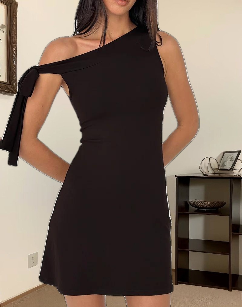 Xeenia One Shoulder Mini Dress in Chocolate Brown