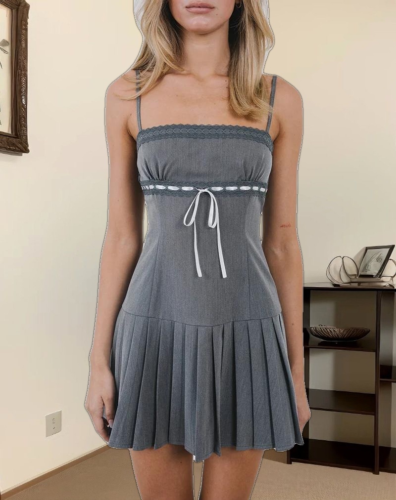 Wimala Mini Dress in Charcoal with White Ribbon
