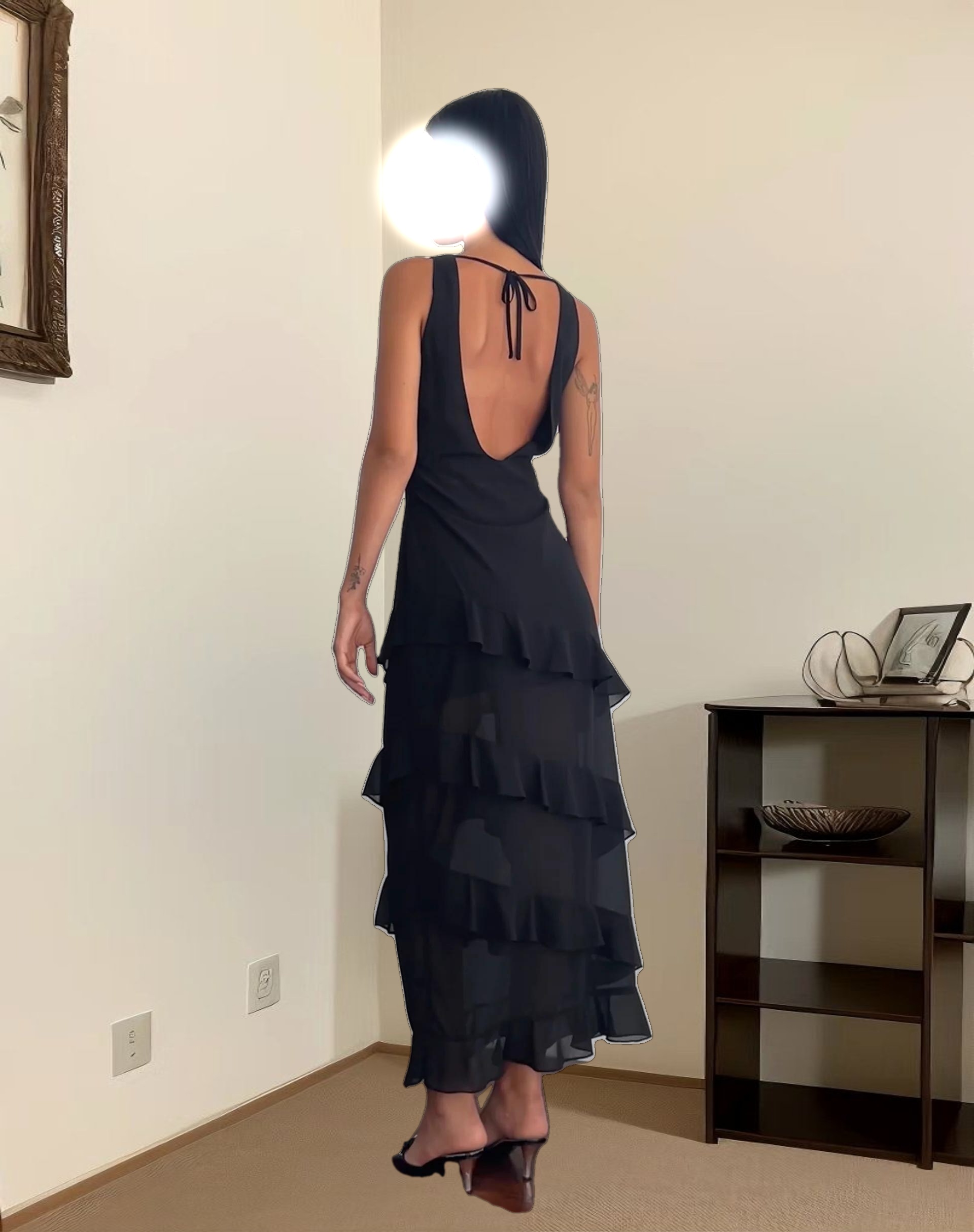 Otna Ruffle Detail Chiffon Maxi Dress in Black