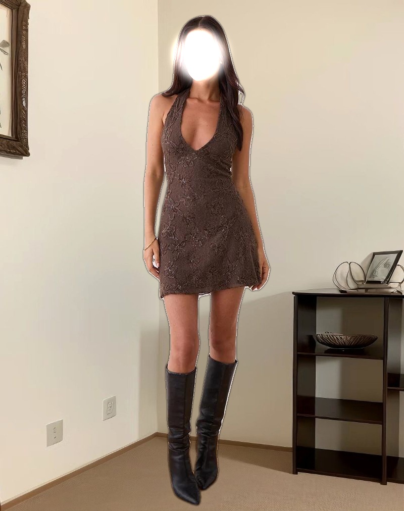 Codami Halterneck Mini Dress in Sequin Knit Dark Brown