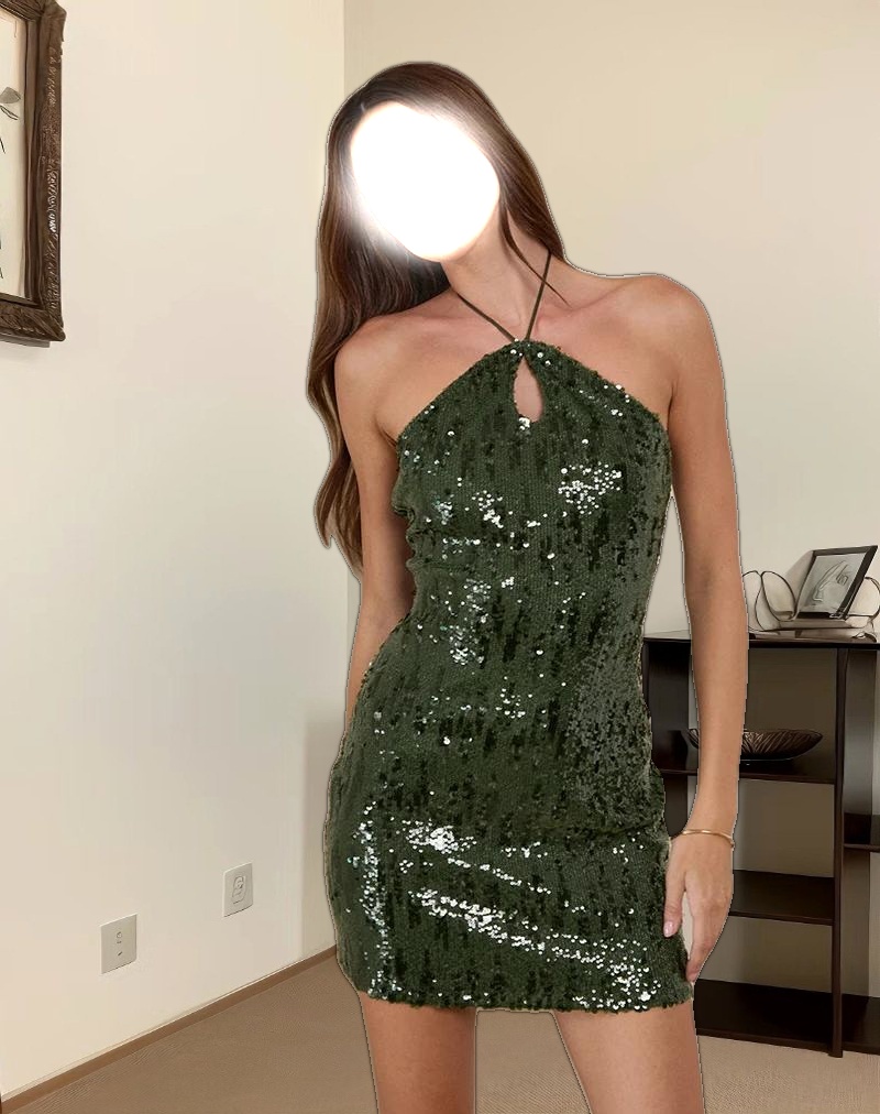 Zumaya Halter Dress in Mixed Drape Sequin Khaki