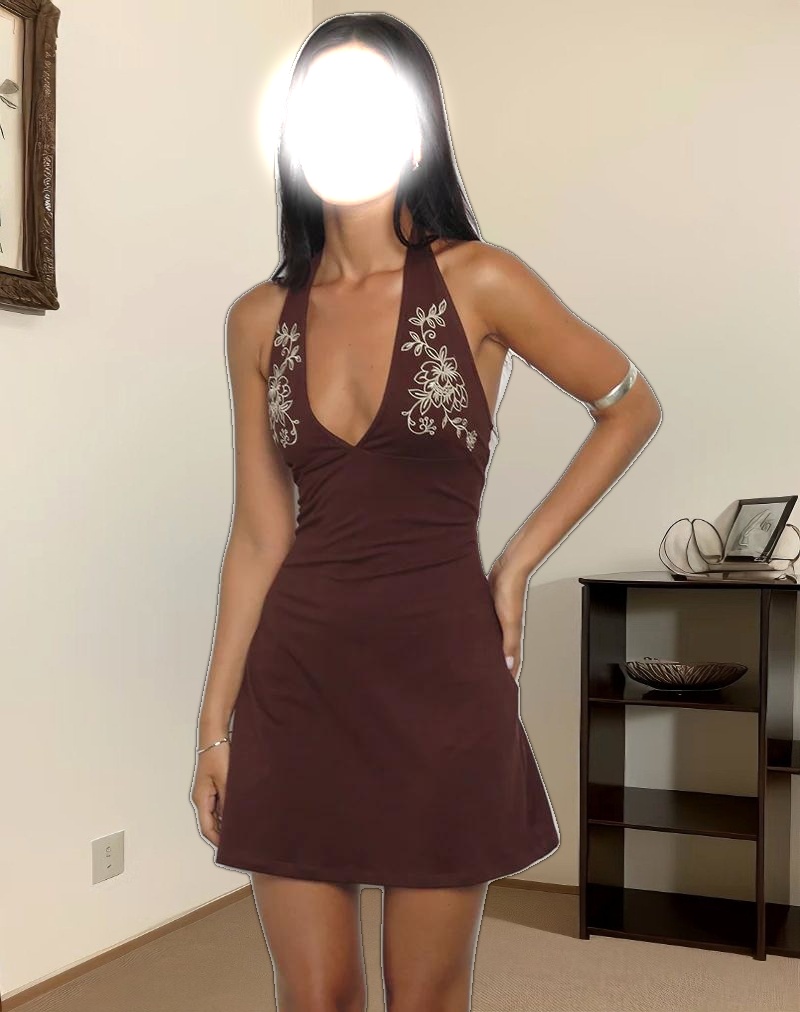 Hepzhi Mini Dress in Bitter Chocolate with Floral Embroidery