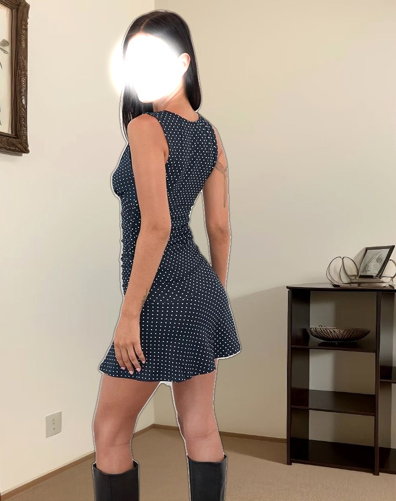 Luscian Plunge Mini Dress in Micro Polka Navy