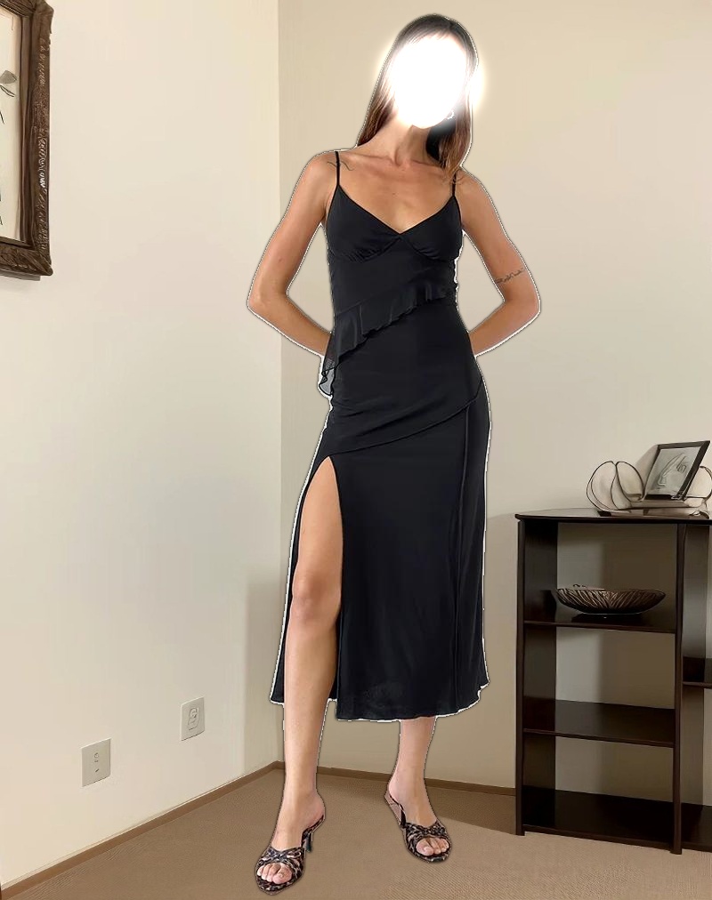 Jacy Ruffle Midi Dress in Mesh Black