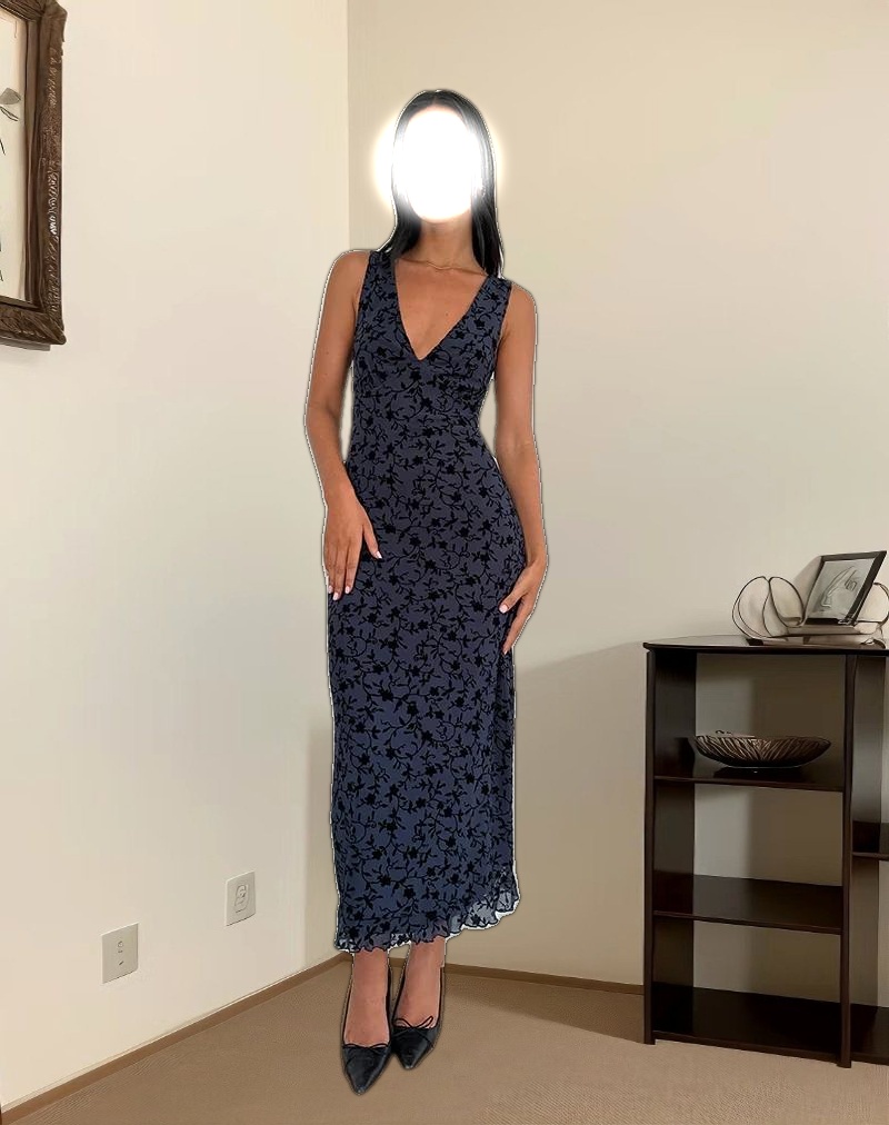 Gabriela Midi Dress in Flocked Petal Navy