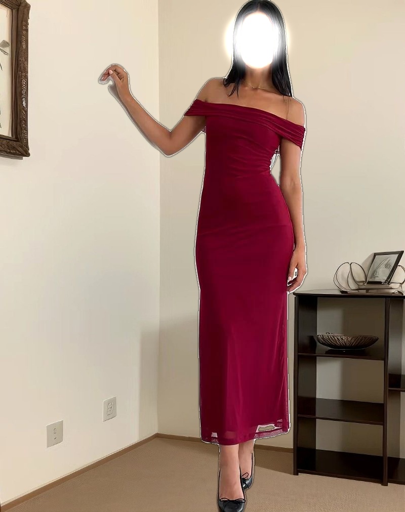 Tarna Bardot Maxi Dress in Mesh Burgundy