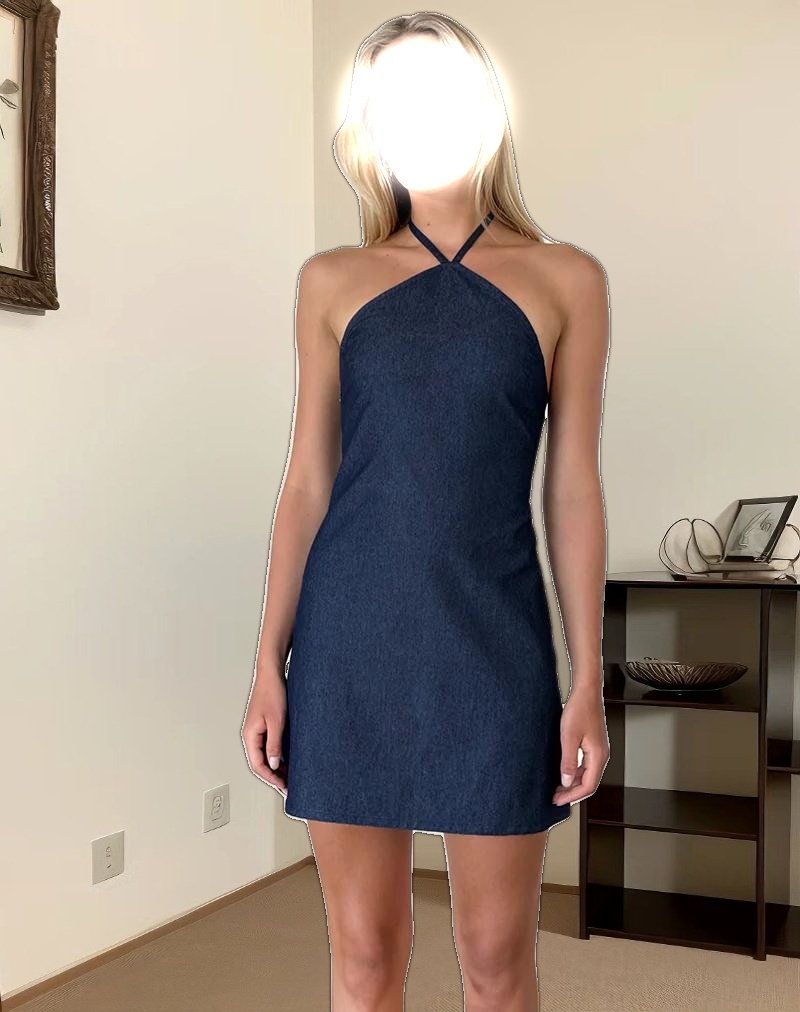 Belinda Halterneck Mini Dress in Denim Chambray Indigo