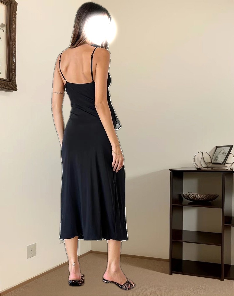 Jacy Ruffle Midi Dress in Mesh Black