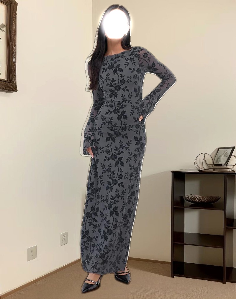 Slokya Long Sleeve Maxi Dress in Vine Floral Flock Ocean Storm