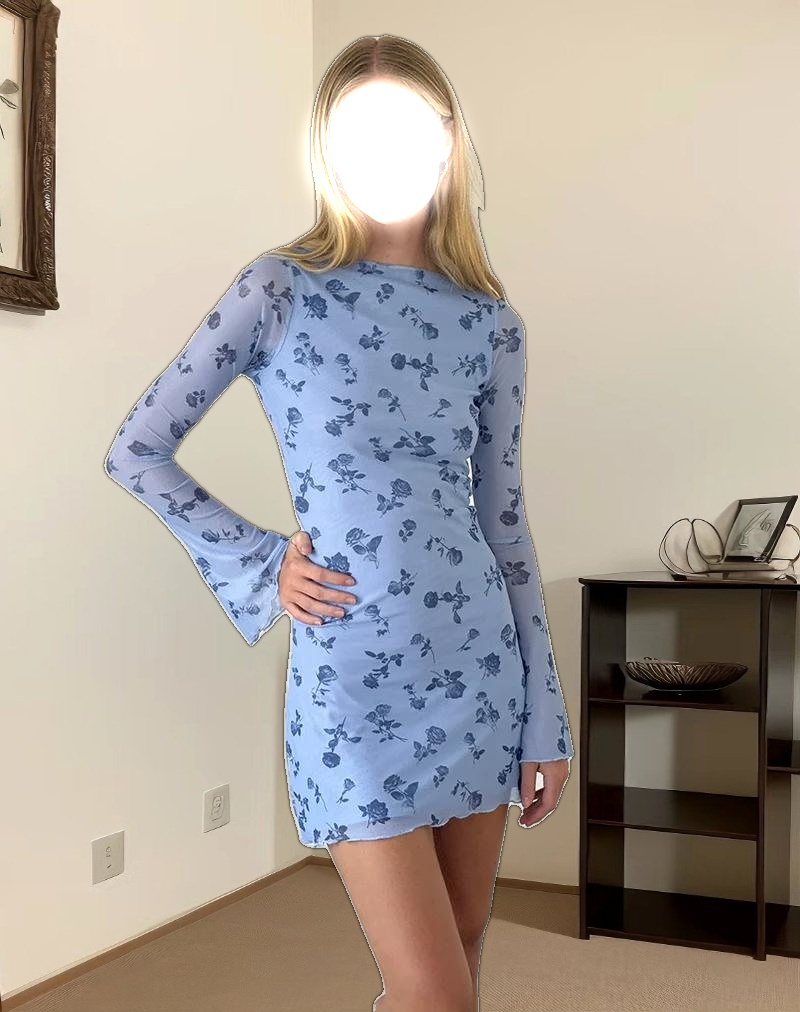 Sevila Long Sleeve Mini Dress in Inky Blue Floral Mesh