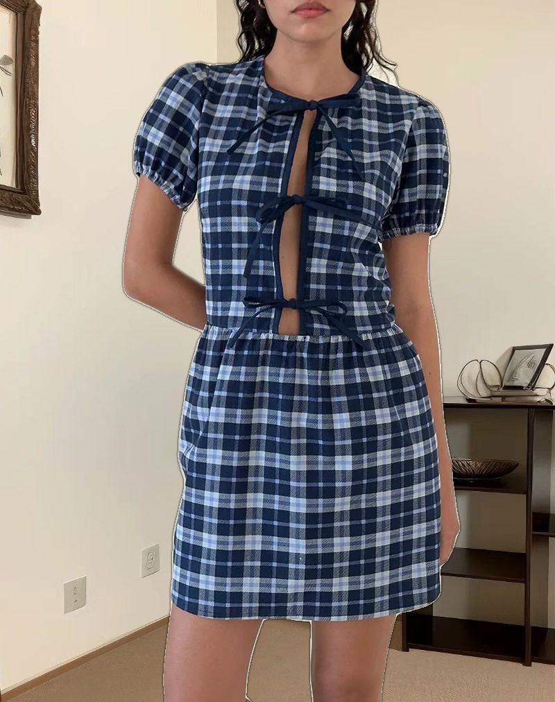 Byan Tie Front Dress in Tartan Dark Blue