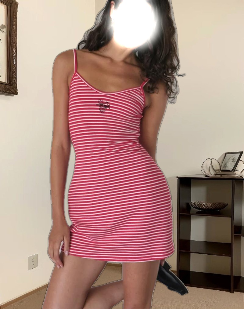 Anzhelina Strappy Mini Dress in Red and White Stripe with Strawberry Emb