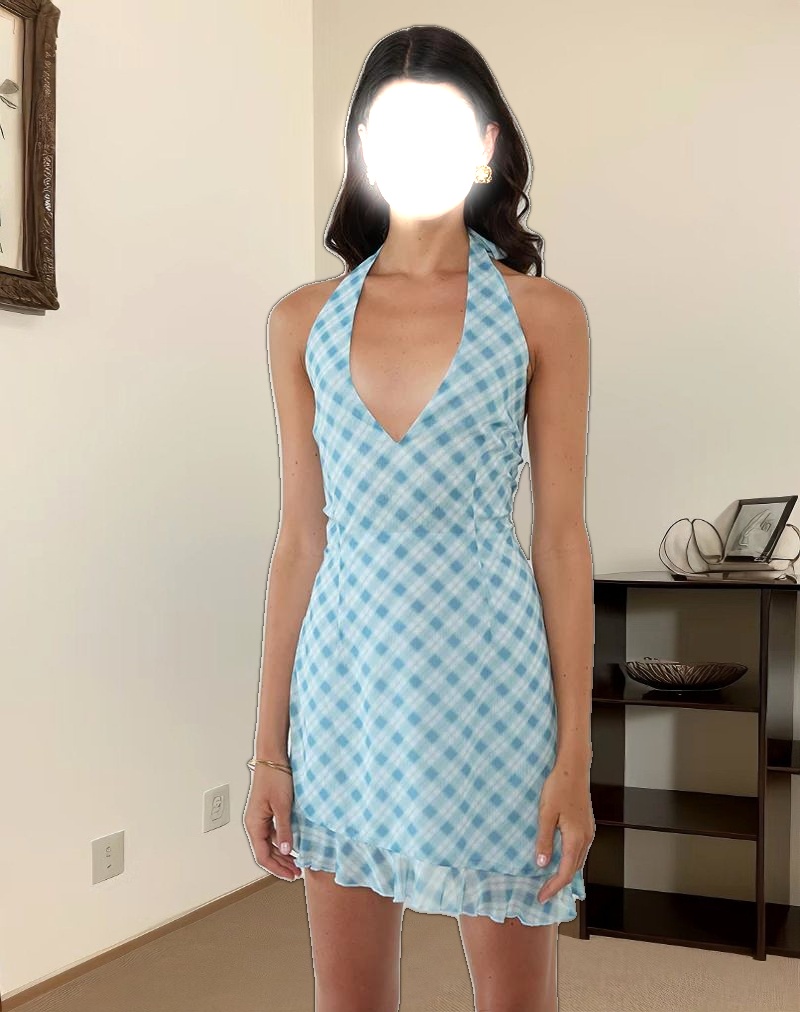 Alira Halterneck Dress in Blurred Check Blue