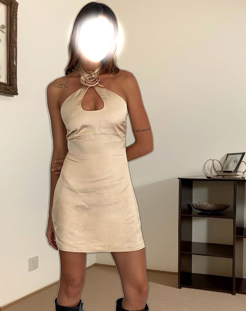 Isolda Satin Halterneck Mini Dress in Champagne with Rosette