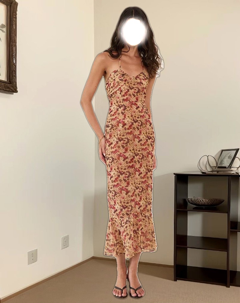 Alette Halterneck Maxi Dress in Chiffon Rusty Flower