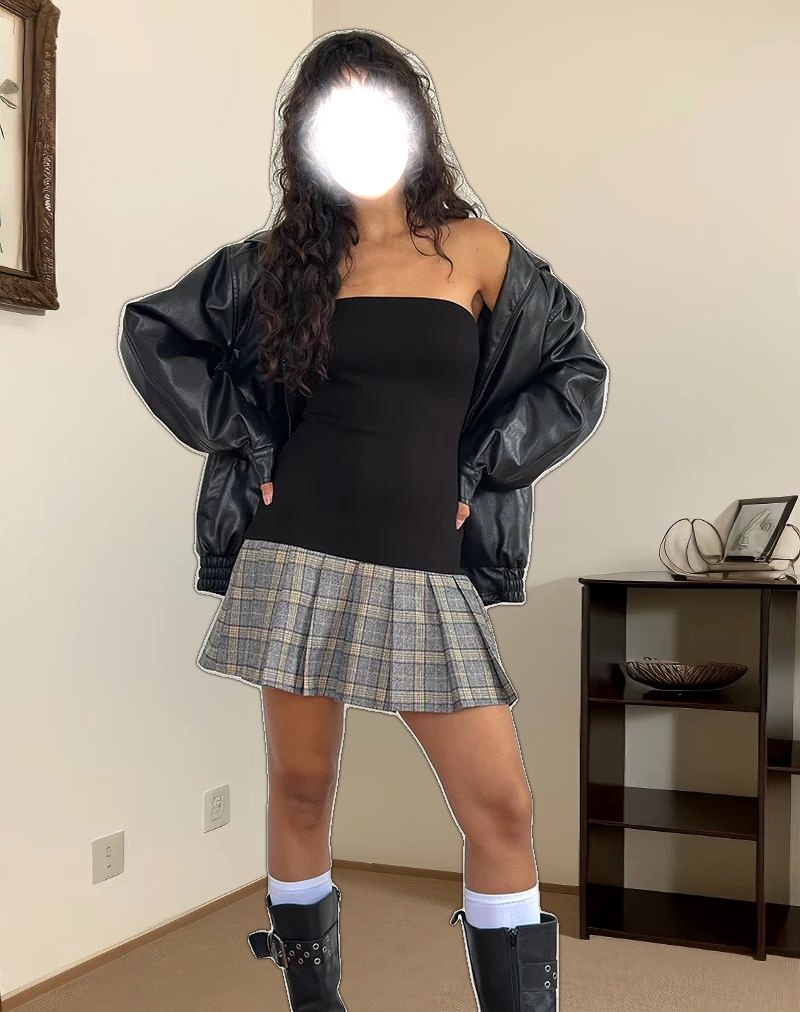 Terdayu Bandeau Pleated Mini Dress in Black Grey Check