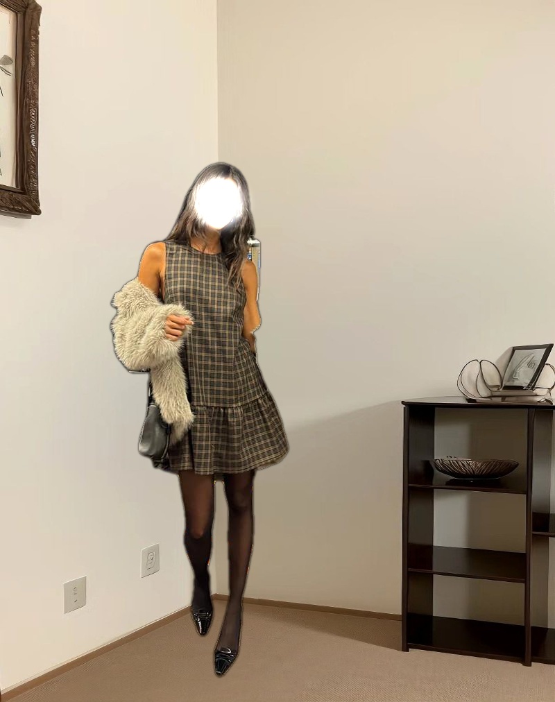 Samana Babydoll Mini Dress in Check Dark Brown