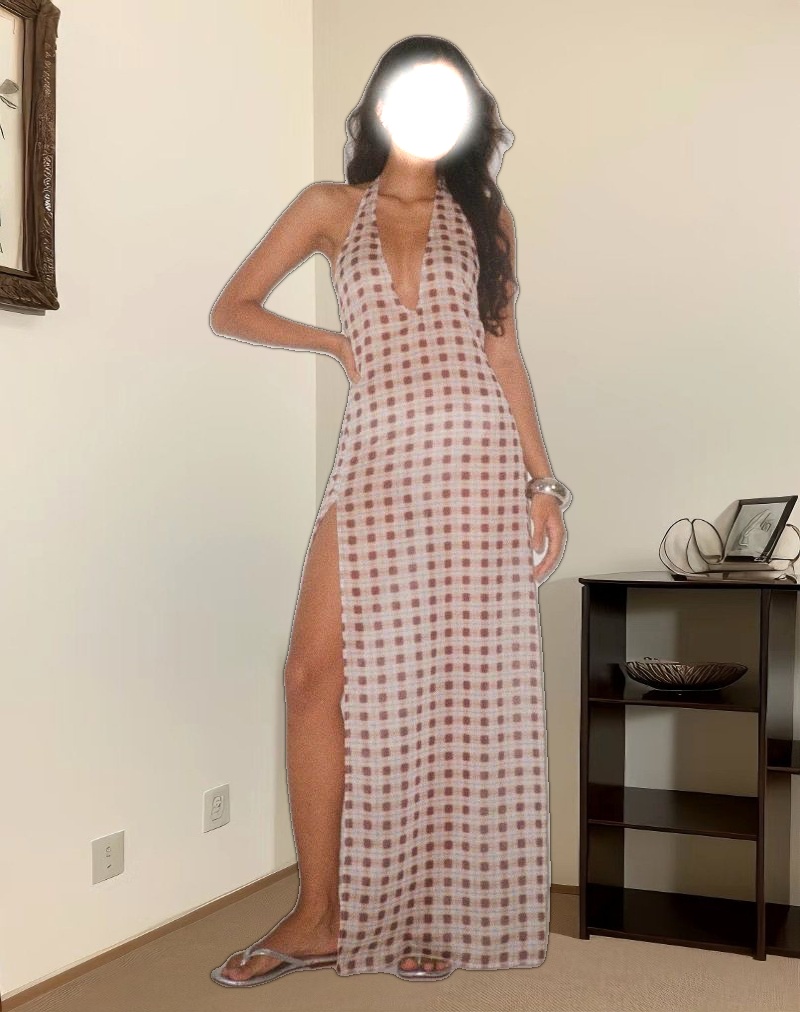 Driti Maxi Dress in Chiffon Blurred Check Peach