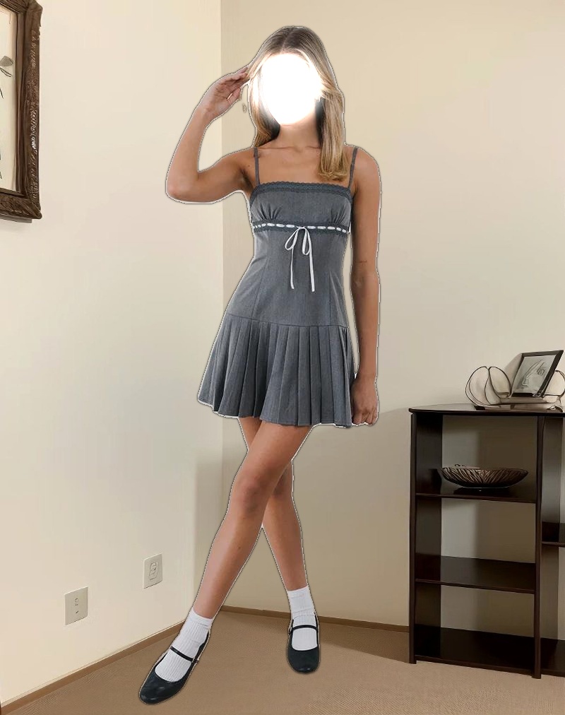 Wimala Mini Dress in Charcoal with White Ribbon