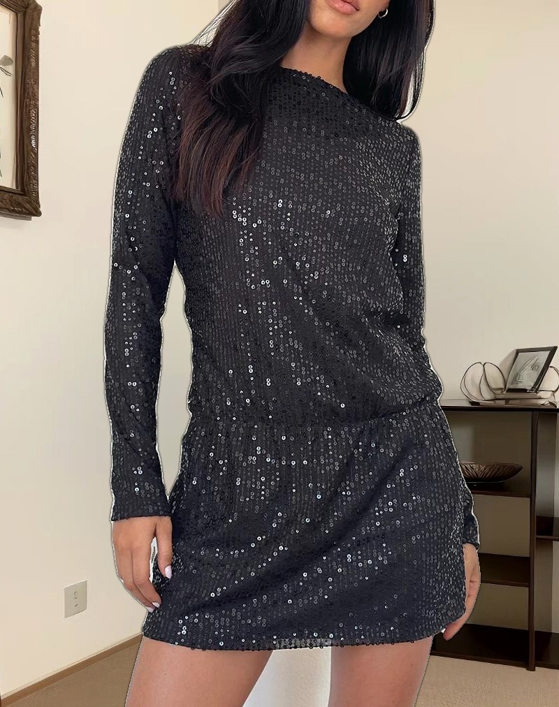Jasilia Long Sleeve Mini Dress in Gauzy Sequin Black