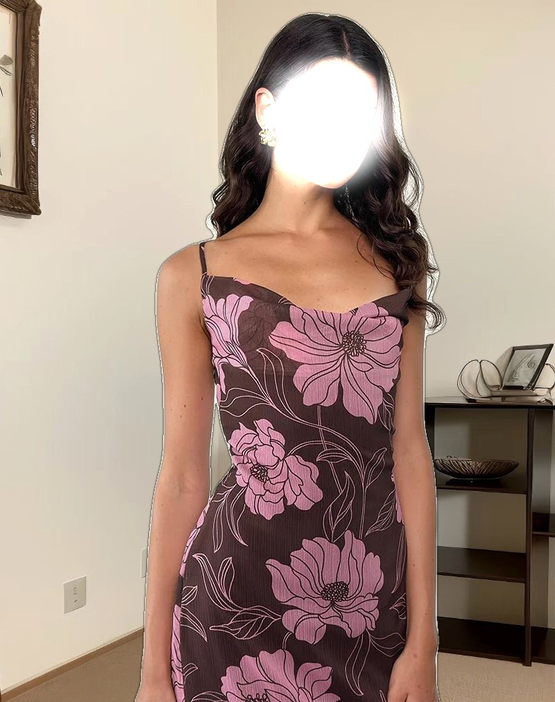 Rujira Cowl Midi Dress in Flare Floral Pink Brown