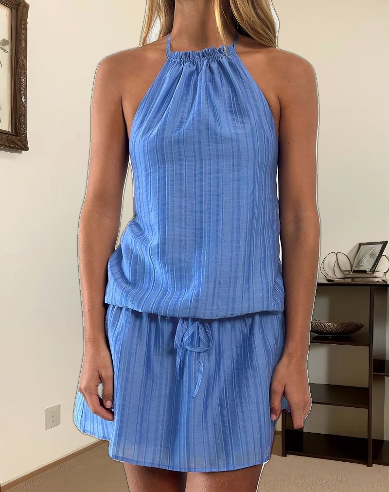 Veloria Halterneck Mini Dress in Blue Chiffon Painted Stripe