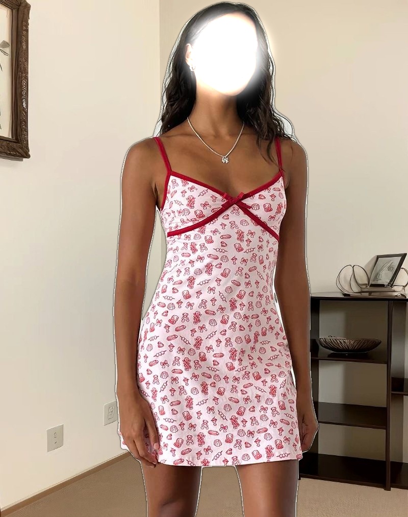Dimaya Mini Dress in Girlie Print with Red Binding