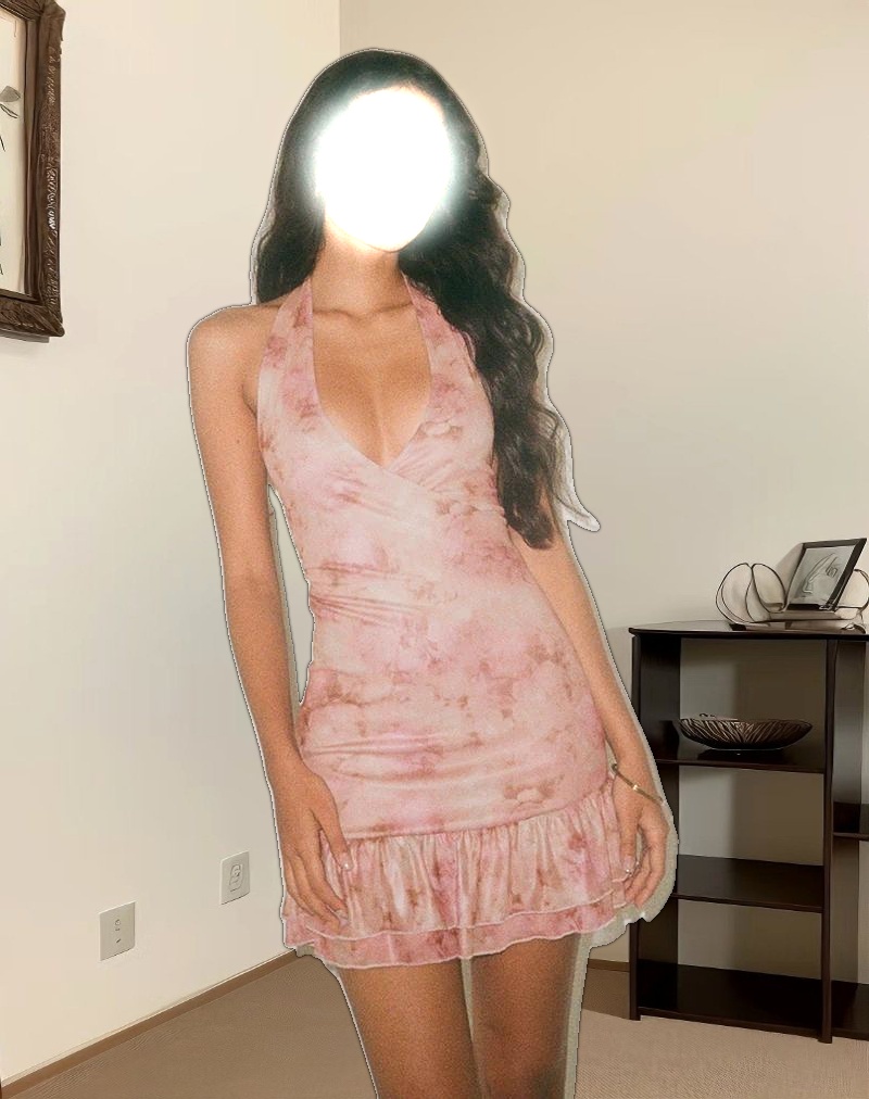 Yoriko Halterneck Mini Dress in Smoky Floral Peach