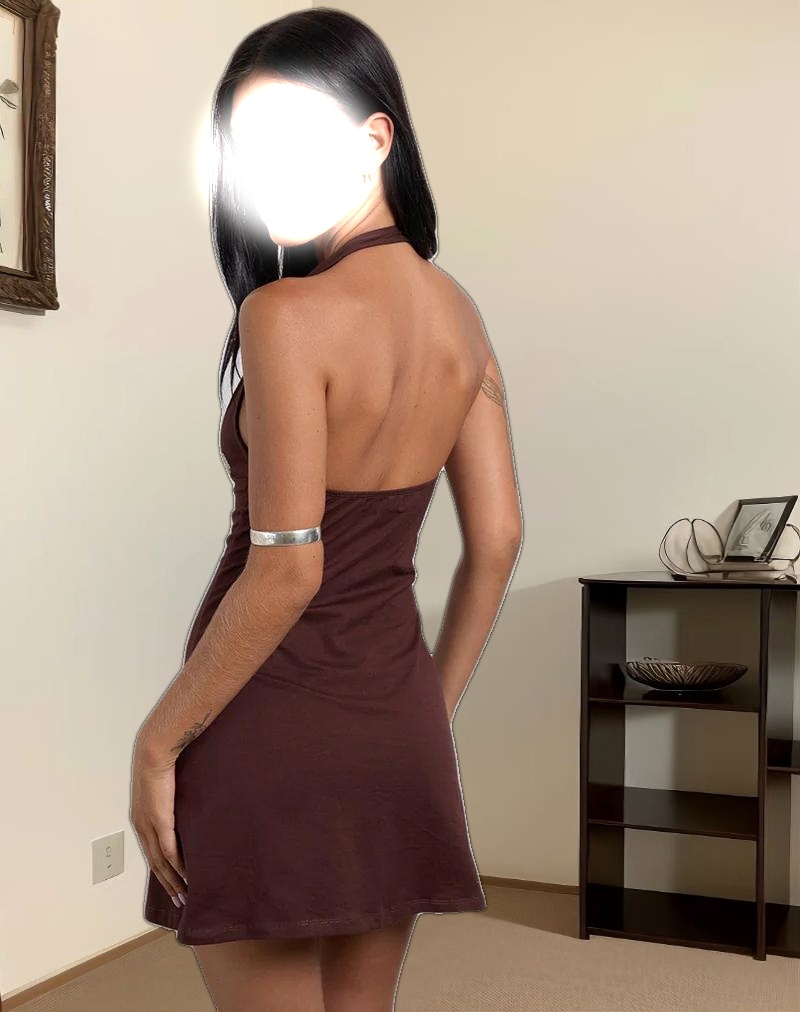 Hepzhi Mini Dress in Bitter Chocolate with Floral Embroidery