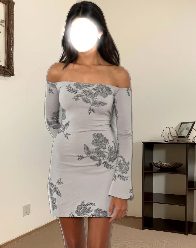 Kausar Off Shoulder Mini Dress in Lace Flower Grey