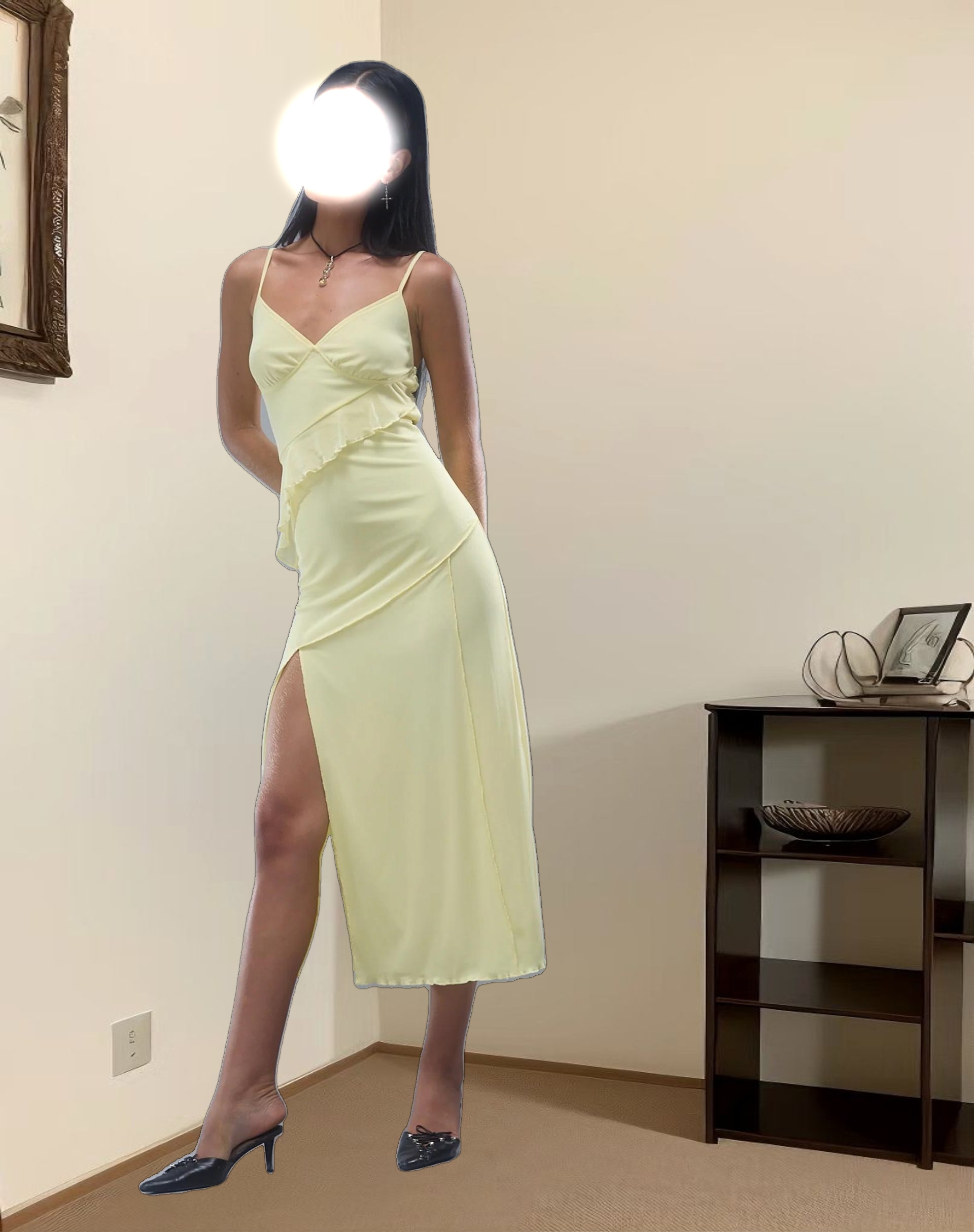 Jacy Ruffle Midi Dress in Mesh Lemon