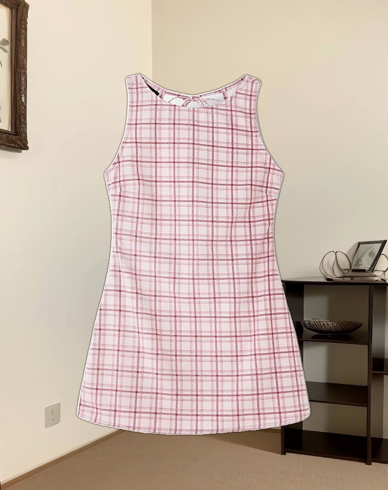 Ayana Backless Mini Dress in Basic Tartan Pink