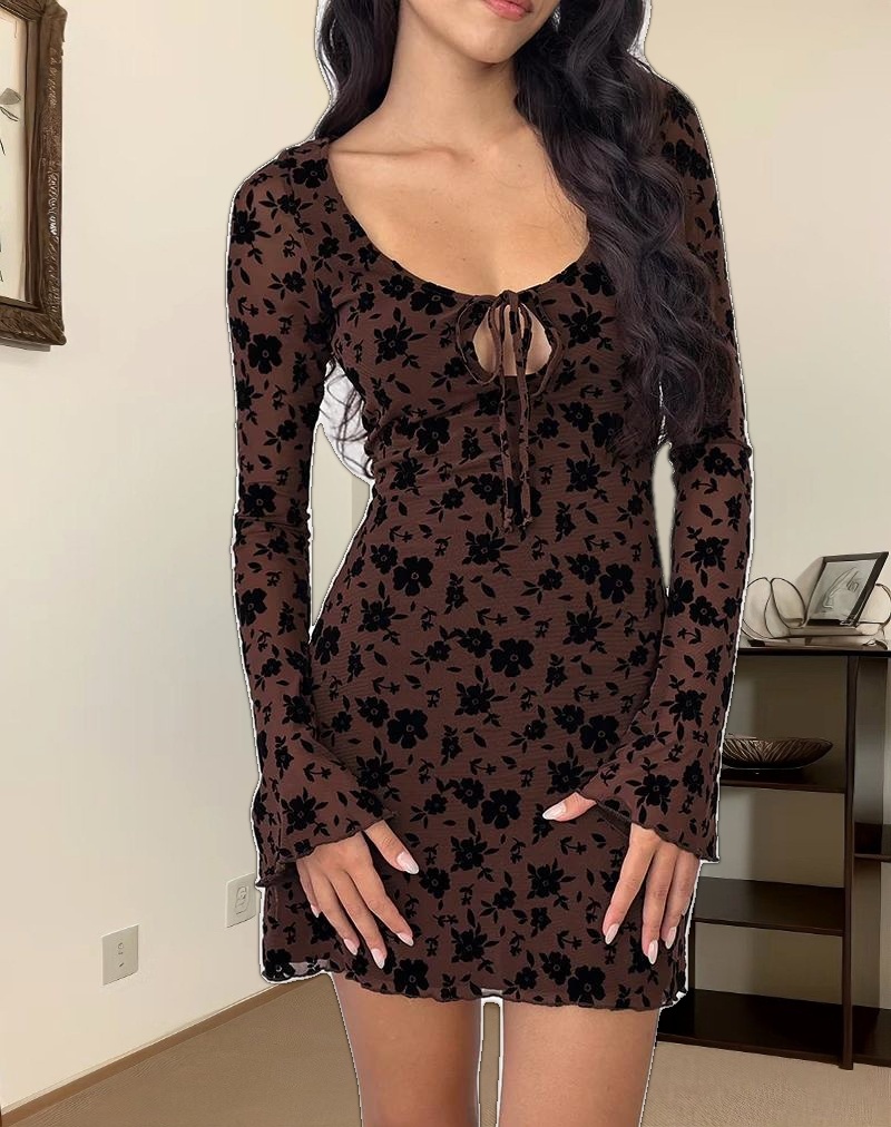 Gizio Long Sleeve Mini Dress in Garden Floral Brown