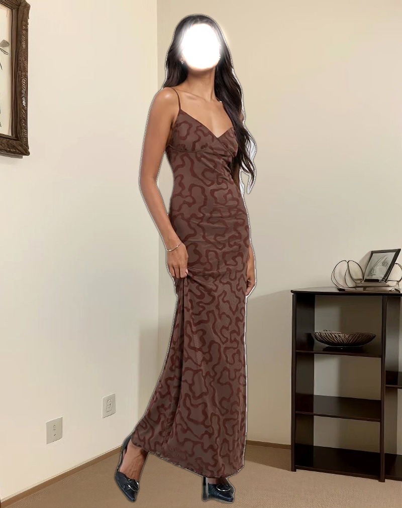 Kalana Maxi Dress in Brown Swirl Flock