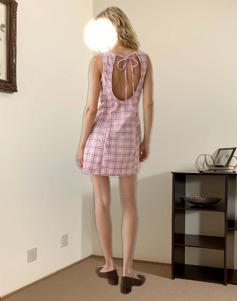 Ayana Backless Mini Dress in Basic Tartan Pink