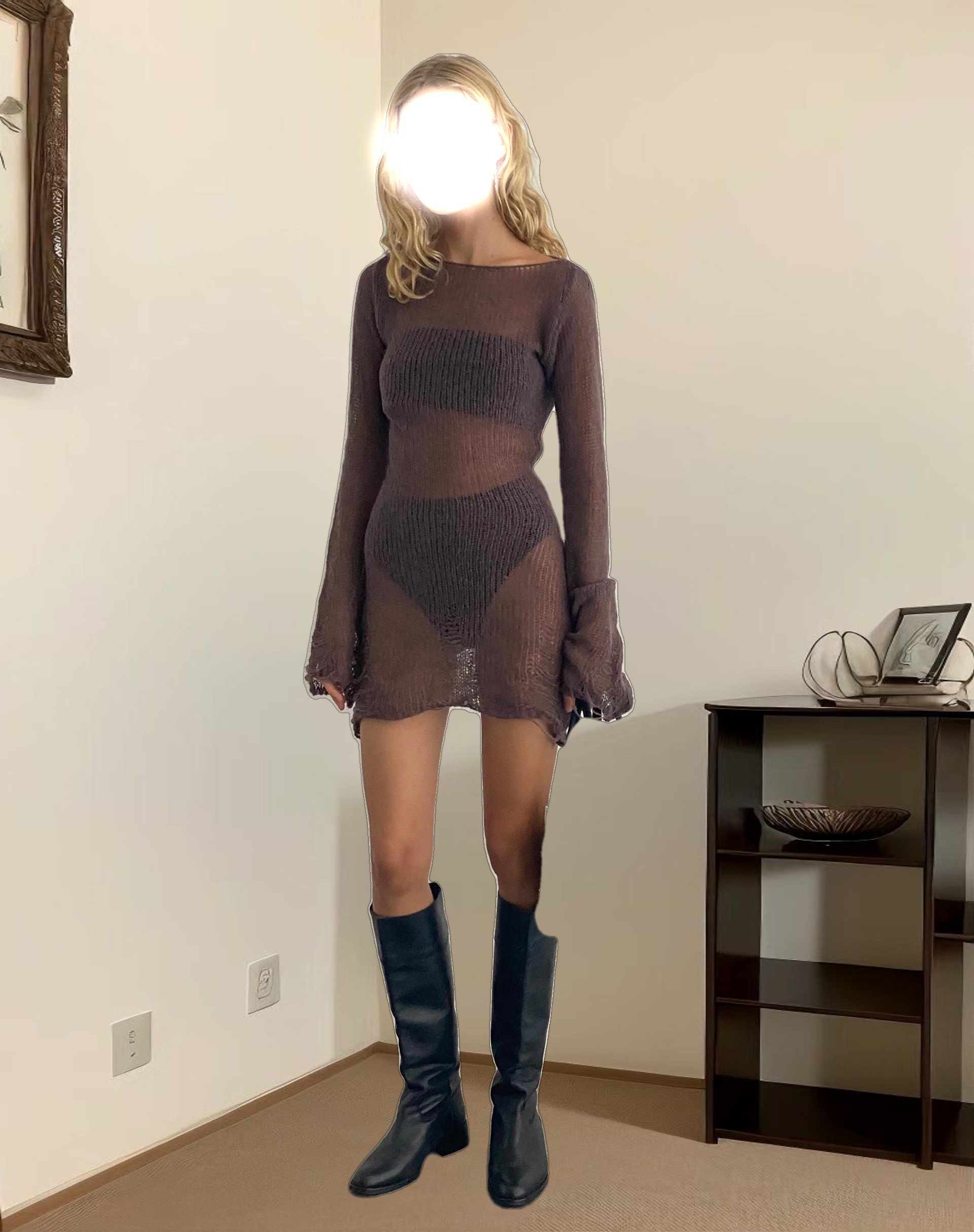 Harper Distressed Knitted Mini Dress in Maroon