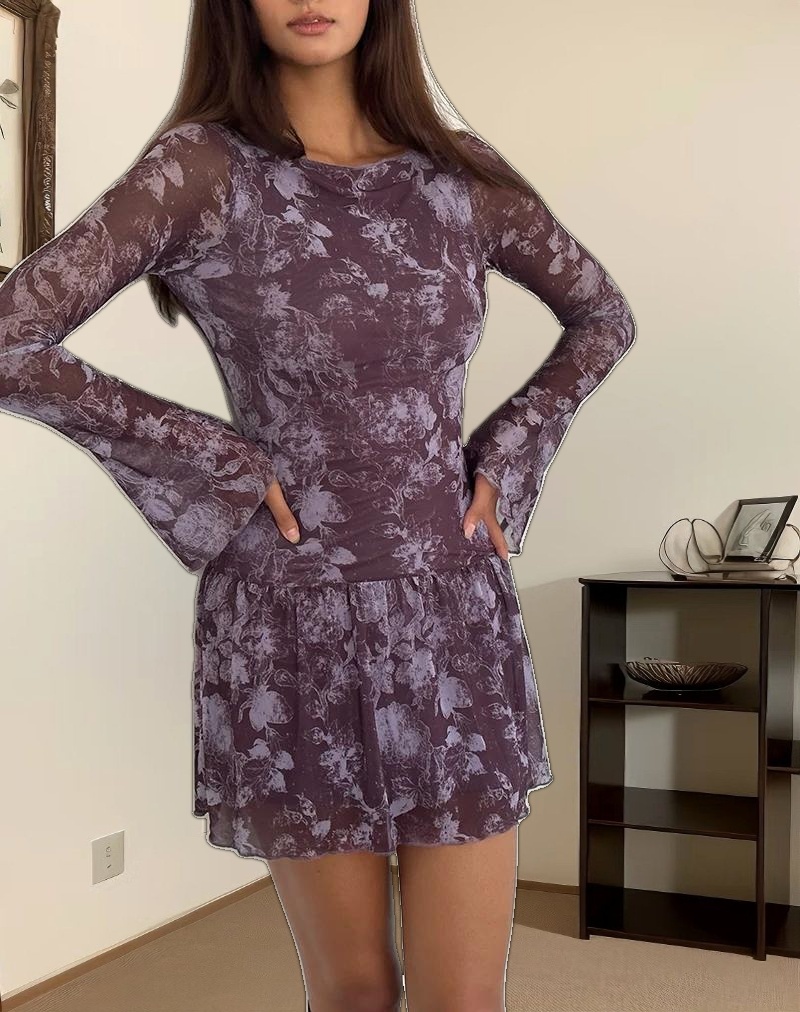 Sonata Mini Dress in Botanic Sketch Purple