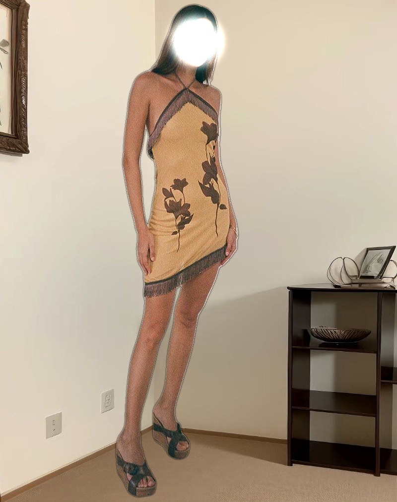 Clooney Fringe Dress in Flower Yellow Brown