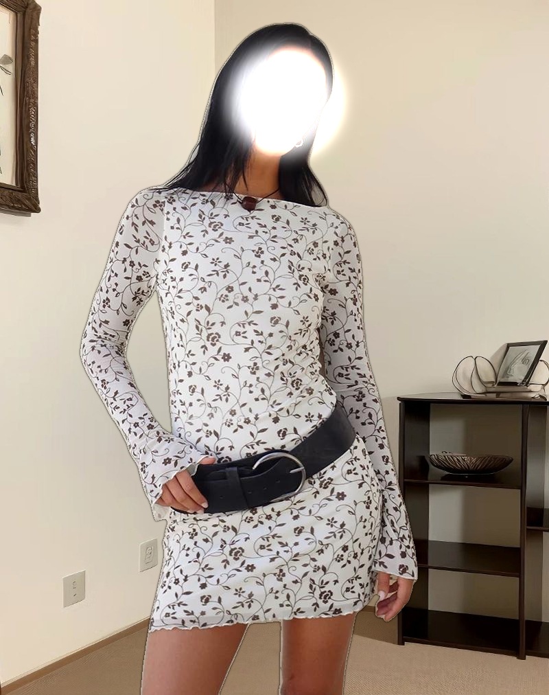 Sevila Long Sleeve Mini Dress in Stem Flower Flock Brown