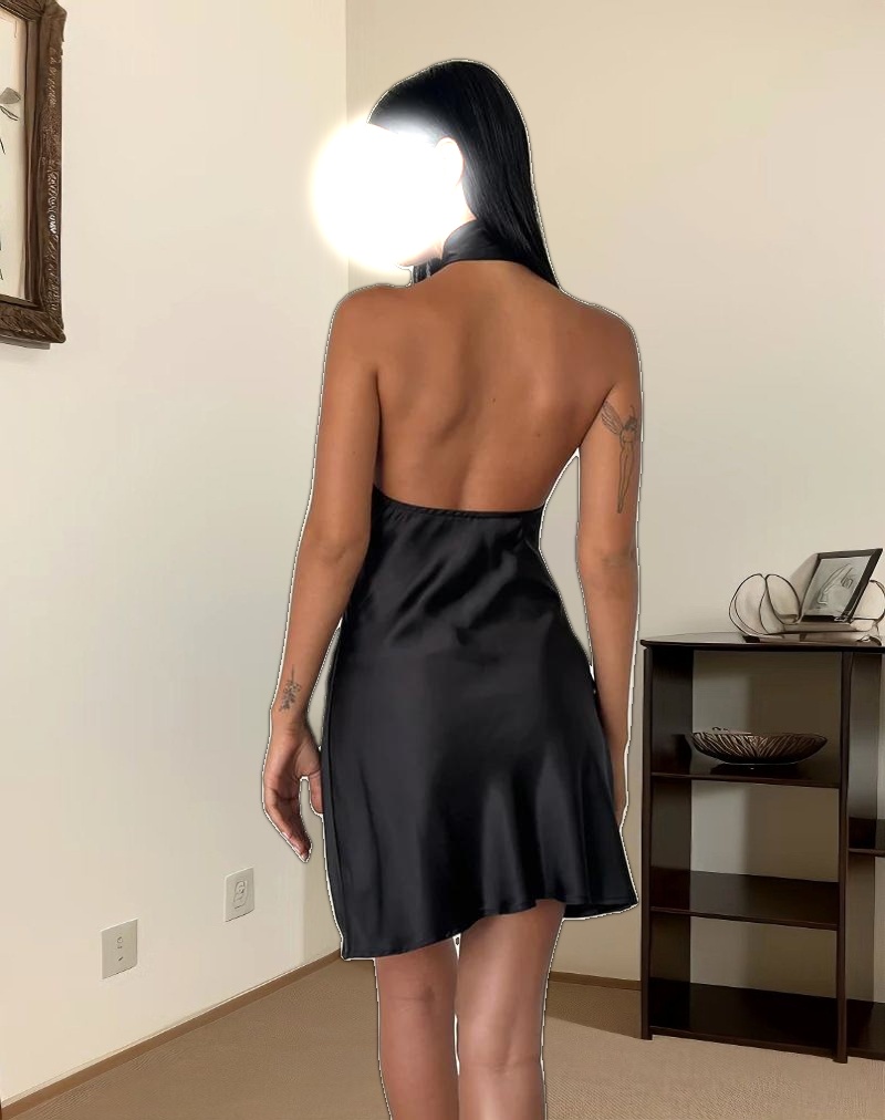 Brigid One Shoulder Satin Dress in Black